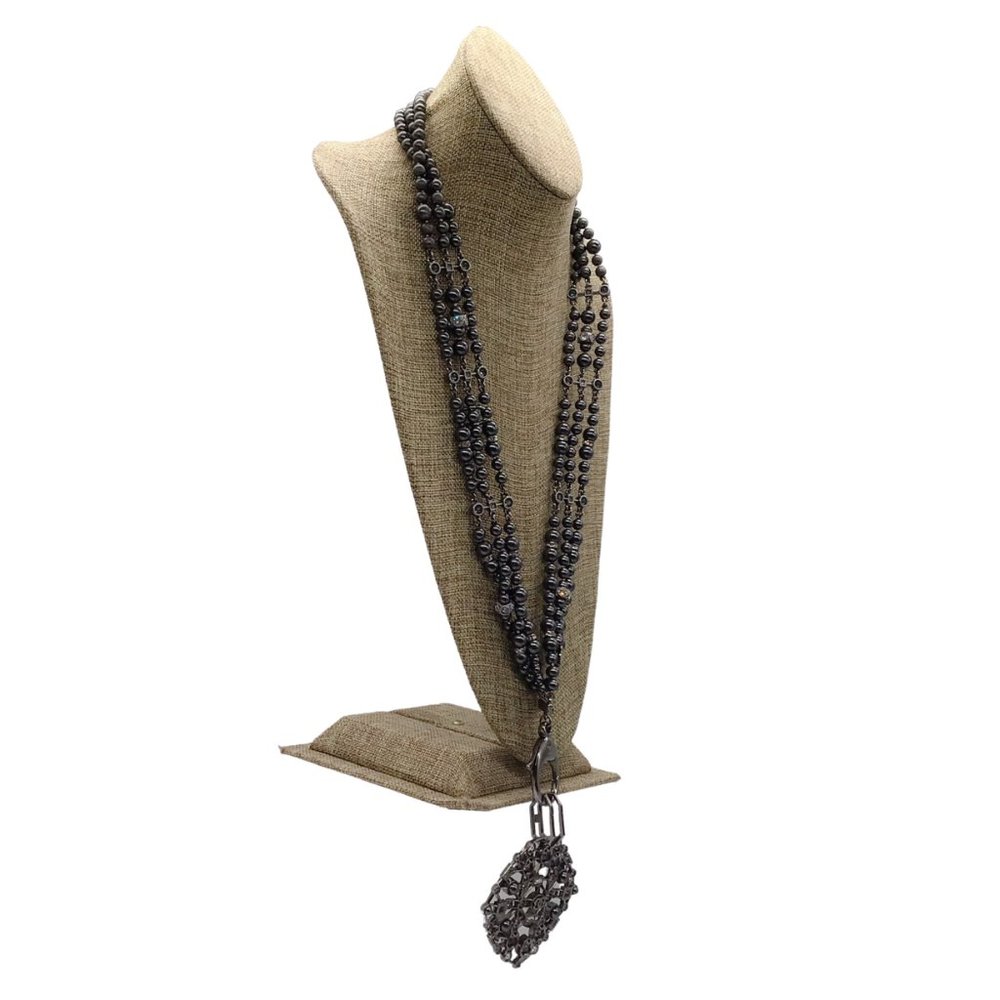 CHANEL GUNMETAL 2017 CRYSTAL EMBELLISHED CC LOGO TRIPLE STRAND PEARL NECKLACE - Picture 2 of 13